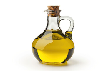 Glass bottle with olive oil on a white background.