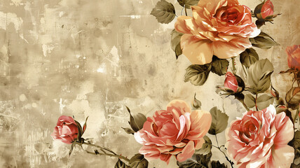 Vintage Floral Pattern with Soft Roses on a Faded Beige Background
