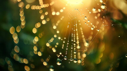 Morning Dew on Delicate Spider Web with Golden Light