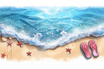Obraz premium A beach scene with a pair of flip flops and a starfish