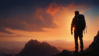 Obraz premium silhouette of a man with a backpack at the top of a rocky mountain, dramatic sunset 