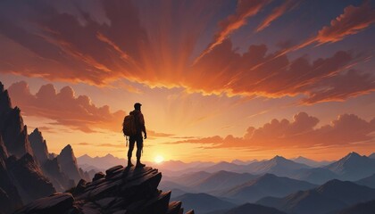 Obraz premium silhouette of a man with a backpack at the top of a rocky mountain, dramatic sunset 
