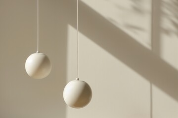 Two white hanging light bulbs with a white wall in the background