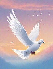 Obraz premium White dove mid flight, with its wings fully spread, contrasting beautifully against the cloudy sky in the background, symbolizing peace, Generative AI.