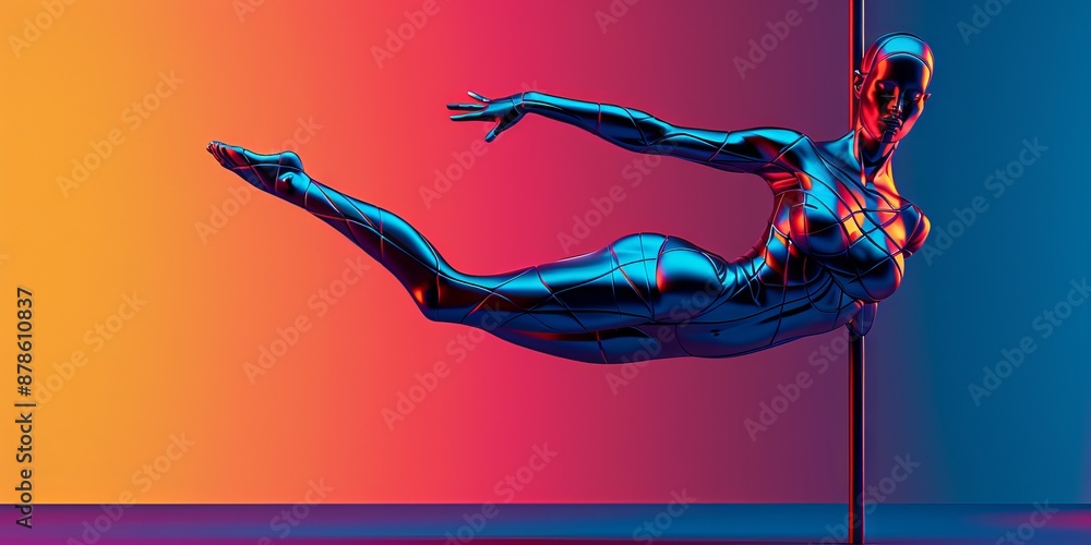 Poster futuristic dancer statue in mid-air pose with vibrant led lights creating a surreal and dynamic scen