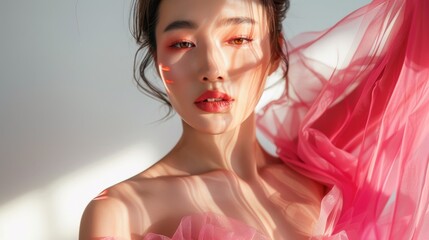 Naklejka premium Stylish young fashionable Asian woman in a stunning pink dress, trendy makeup with light shining through a slit on her, posing