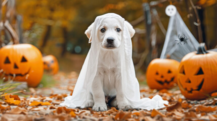 Charming puppy in a white ghost costume, posing with a festive Halloween background of pumpkins and spider webs