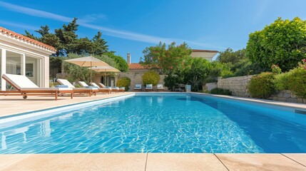 Fototapeta premium Stylish Mediterranean villa with a refreshing pool and sun loungers, perfect for summer relaxation
