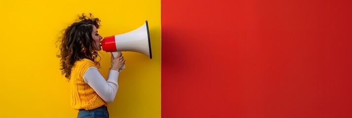 Woman with megaphone against colorful background
