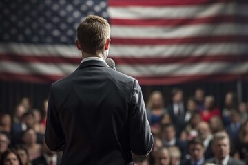 Speaker addressing audience during an event with a prominent American flag in the background, signifying importance and patriotic ambiance. Generated AI