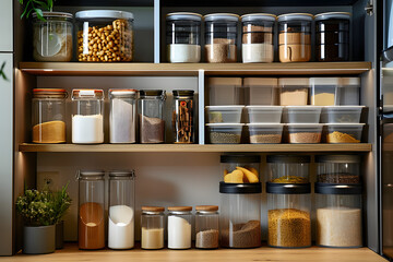 Kitchen cabinet shelves with neatly arranged containers with groceries and dishes, space organization and storage concept