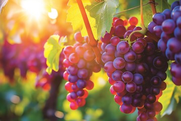 close up vineyard, vibrant clusters of ripe grapes hang from the vines at 
