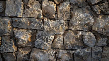 Fototapeta premium Ancient stone wall of an 18th century castle or fortress with weathered and cracked bricks in close up view