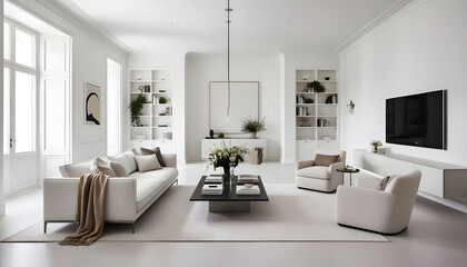 Fototapeta premium Frame mockup A paper size. Living room wall poster mockup design.Interior mockup with house background. Modern interior design. 3D render