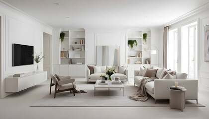 Modern interior style design living room. Lighting and sunny Scandinavian apartment with plaster and wood. 3D Rendering