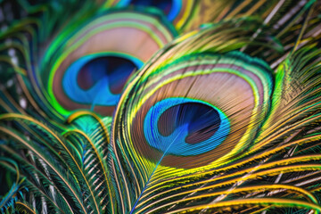 Obraz premium Close-up of two peacock feathers with rich colors and detailed patterns