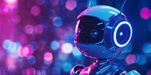 Futuristic robot with glowing blue eyes in a neon-lit, bokeh background, representing advanced AI technology.