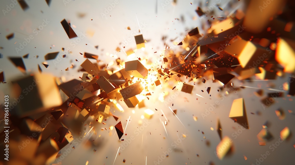 Poster abstract explosion of golden shards and fragments with light, creating a dynamic and energetic visua