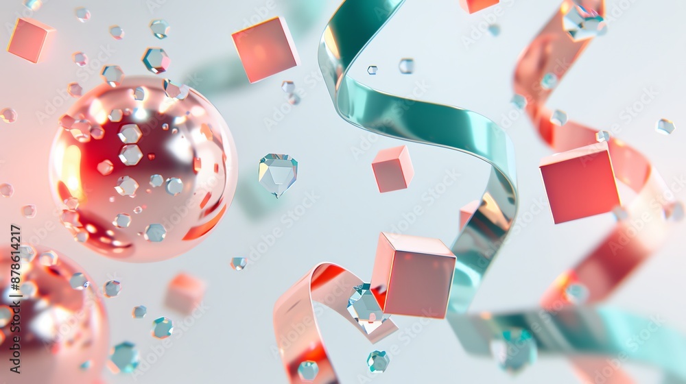 Poster abstract composition with floating spheres, cubes, and ribbons in pastel colors, creating a futurist