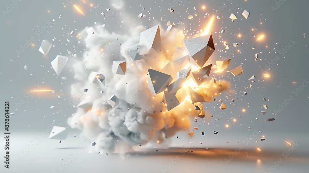 Poster abstract geometric shapes exploding with smoke and light, showcasing dynamic motion and energy. idea