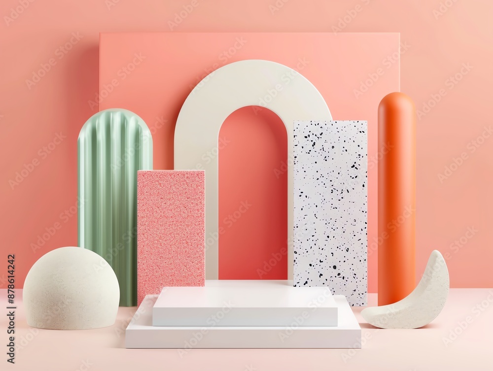 Poster empty podium with abstract geometric shapes in various colors and textures arranged artistically aga