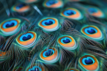 Obraz premium Close-up of vibrant peacock feathers with detailed eye pattern.