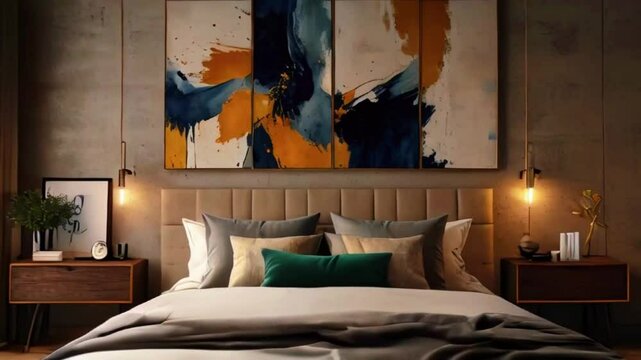 A spacious master suite with a sitting area, a fireplace, custom-built closets, and a luxurious en-suite bathroom, 4K Interior design animation video