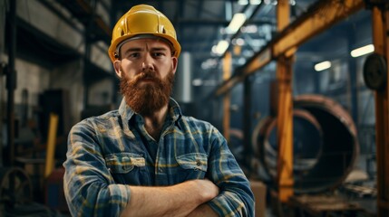 Waist up portrait of bearded factory worker wearing hardhat looking at camera while standing in workshop