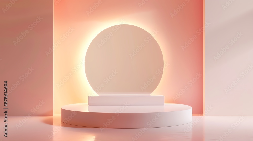 Poster minimalist product display podium with a round backdrop and warm lighting on a soft pink background,