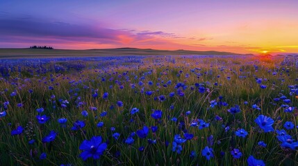 Naklejka premium A field of blue and purple flowers under the orange and purple sky of sunset, providing a peaceful and picturesque setting, where the grass and flowers blend into a tapestry of colors.
