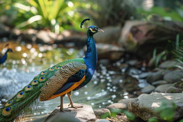 Naklejka premium Peacock against the backdrop of a pond