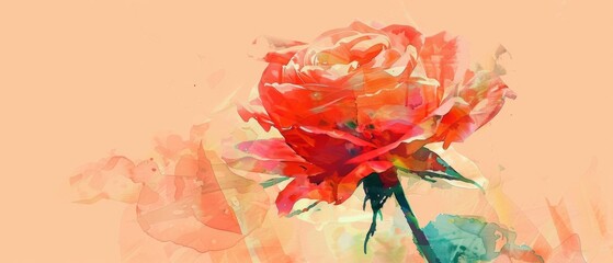 Watercolor rose flower abstract art on light orange background
