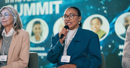 Business, summit and woman speaker talking, presentation and discussion for audience with leadership people. Innovation, microphone and tradeshow or public speaking, entrepreneur and panel presenter