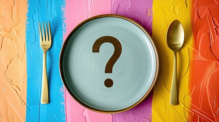 Plate with question mark and utensils on colorful backdrop with text area