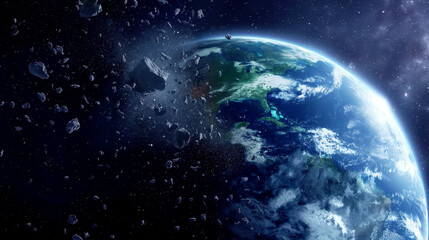 Obraz premium Stunning cosmic view of Earth surrounded by a field of asteroids in space with a starry background.