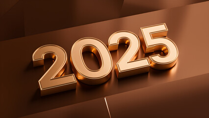 2025 Happy new year text gold 3D on brown background, minimal background ,2025 word on 3D golden render,top view,decorate the card, number on 2025..for celebration and transition concept.