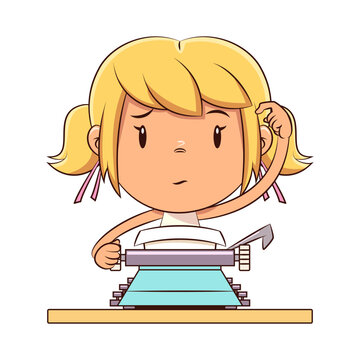 recommend clip art: Girl writing on typewriter, confused, scratching head, thinking