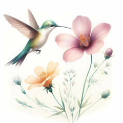 watercolor of hummingbird hovering over a flower on white background