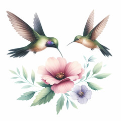 Obraz premium watercolor of hummingbird hovering over a flower on white background