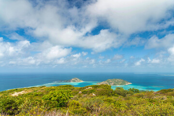 Spectacular aerial view of coral reefs from Cooks Look on Lizard Island. It is located on Great Barrier Reef in north-east part of Australia