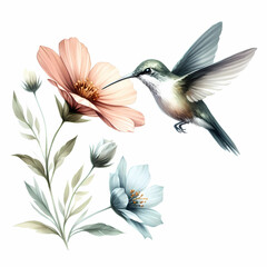 Obraz premium watercolor of hummingbird hovering over a flower on white background