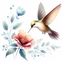 watercolor of hummingbird hovering over a flower on white background