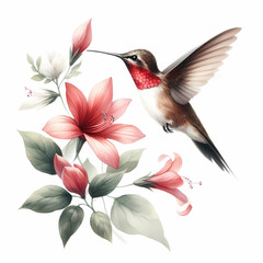Obraz premium watercolor of hummingbird hovering over a flower on white background