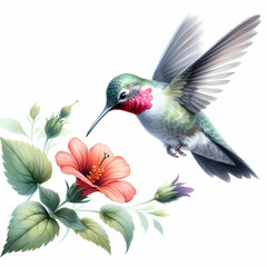 watercolor of hummingbird hovering over a flower on white background