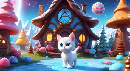 adorable white blue-eyed kitten by a whimsical cartoon house surrounded by vibrant flowers