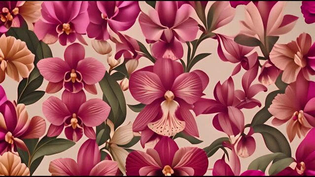 Conceptual tropical flat nature pattern with flowers orchids in modern style, trendy jungle video wallpaper.