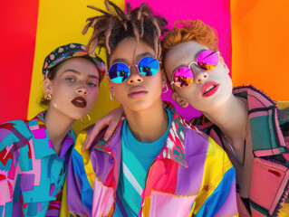 Group of young teen mix gender and ethnicity with colorful rainbow colors. people fashionable hair style, wearing round chrome vibrant reflect sunglasses, vivid patterned jacket.