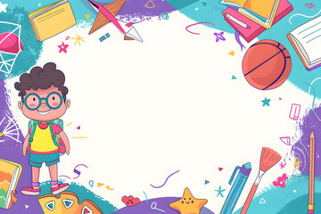 Obraz premium Smiling Boy With Backpack Surrounded by School Supplies on White Background