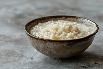Rustic bowl of creamy rice pudding on textured surface.