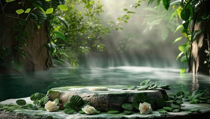 Fototapeta premium Tranquil Garden Scene with White Roses and Mossy Stone